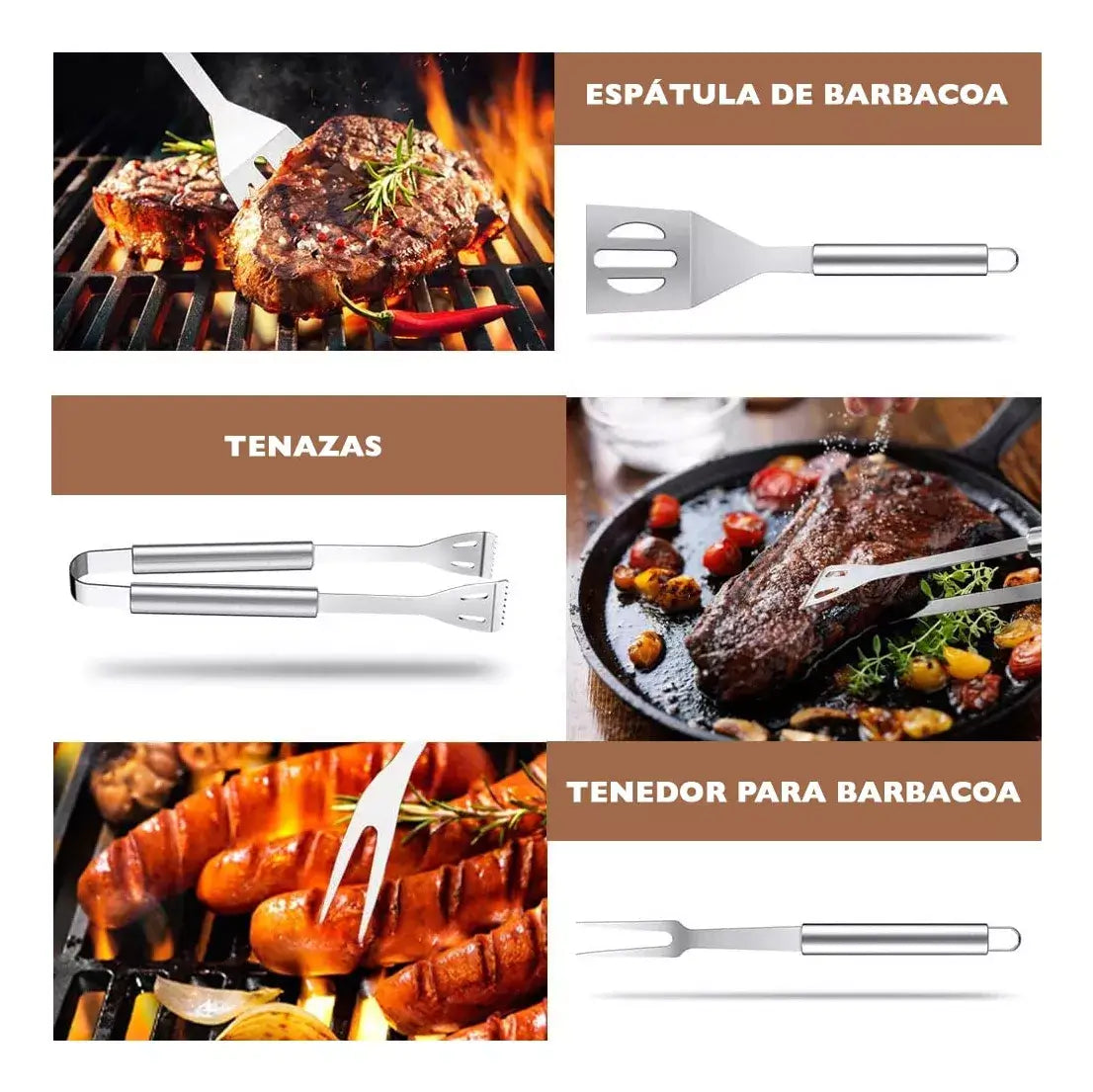 KIT ACCESORIOS Y UTENSILIOS PARA PARRILLA -ACERO INOXIDABLE | ENVÍO GRATIS