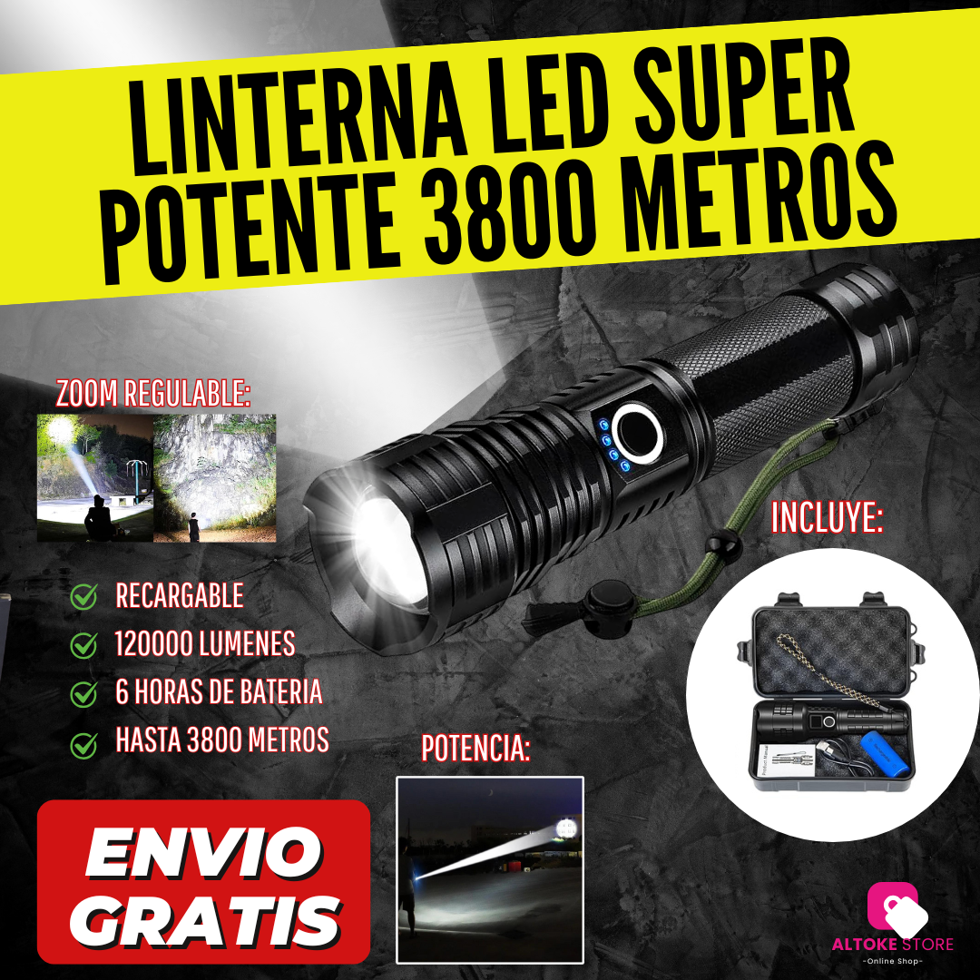 LINTERNA LED SUPER POTENTE 3800 METROS (RECARGABLE)| ENVÍO GRATIS